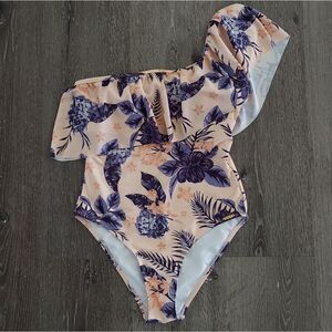 Stylish Swimwear One Shoulder Ruffle Floral Print One Piece Swimsuit Small